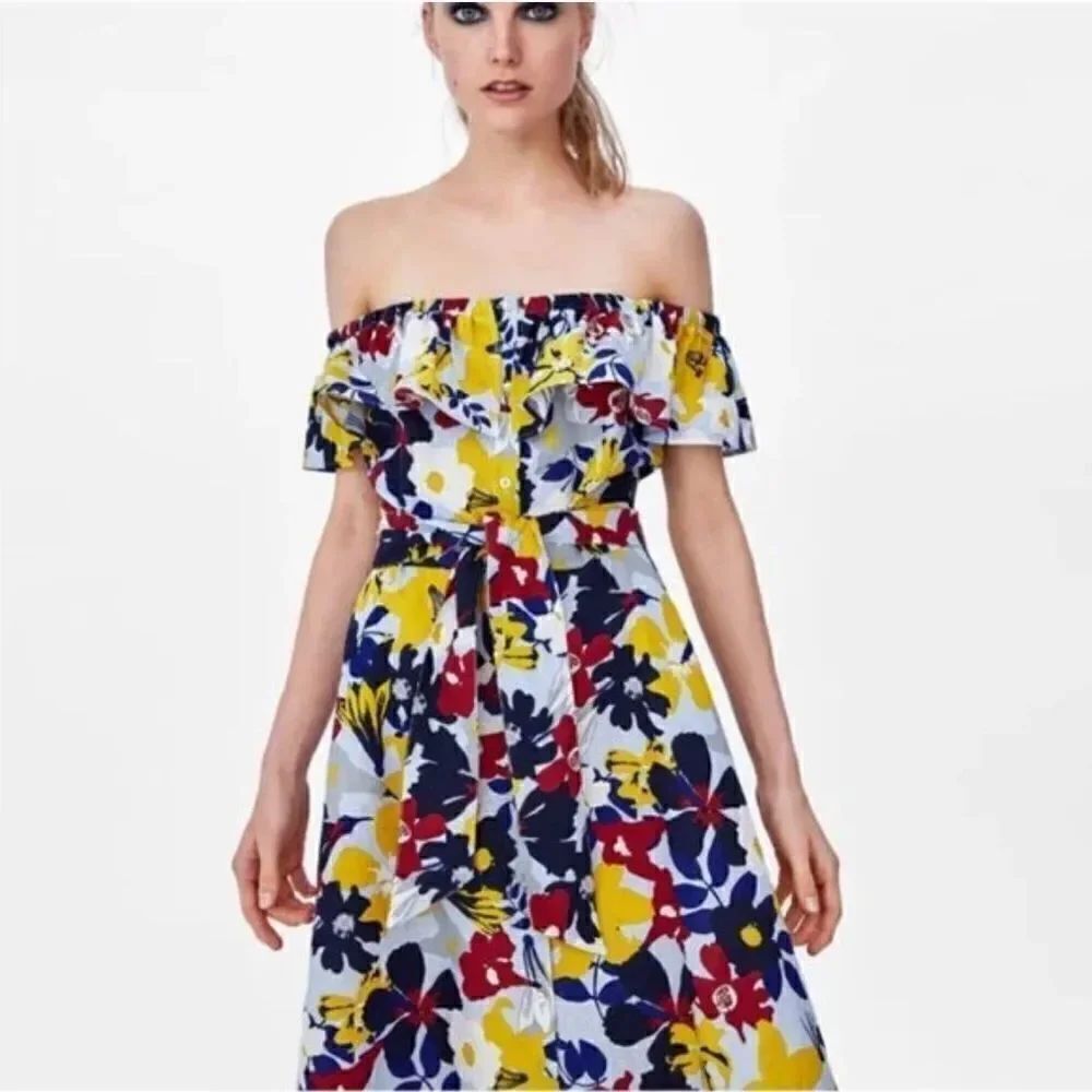 Zara floral off shoulder linen blend midi dress